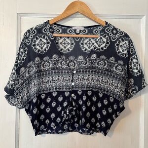 Patrons of Peace Blue and White Crop Blouse with Tie Front